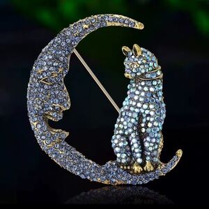 Betsey Johnson Crystal Cat Moon Brooch